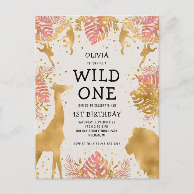 Girls 1st Birthday Party Pink Ecru Safari Invitation Postcard (Front)