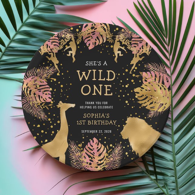 Girls 1st Birthday Party Pink Gold Black Safari Paper Plate (Creator Uploaded)