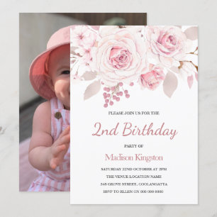 Girls 1st Birthday Party with Photo Pink Flowers I Invitation