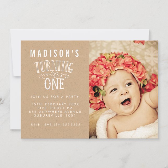 Girls 1st Birthday Personalised Number Photo Invitation (Front)