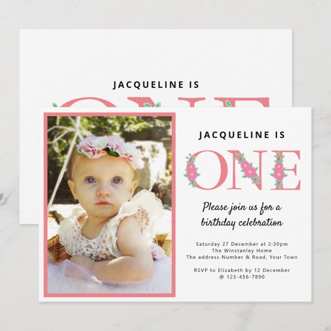 Girls 1st Birthday Photo Invitation (Front/Back)