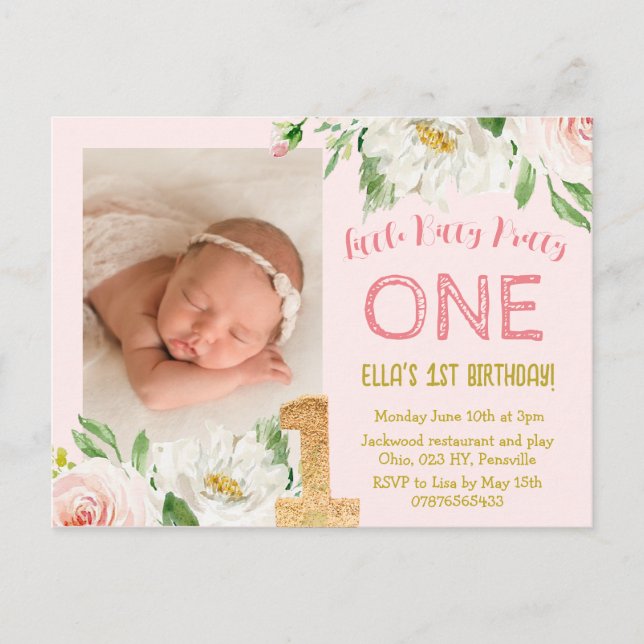 Girls 1st Birthday Photo Invitation, pretty ONE Invitation Postcard (Front)