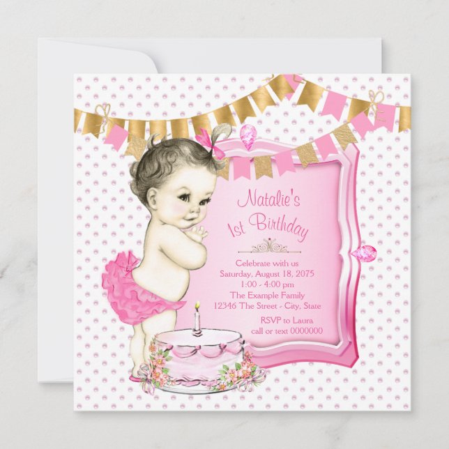 Girls 1st Birthday Pink and Gold Invitation (Front)