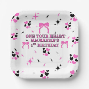 GIRLS 1ST BIRTHDAY PINK BLACK 9X9 SQUARE PLATES