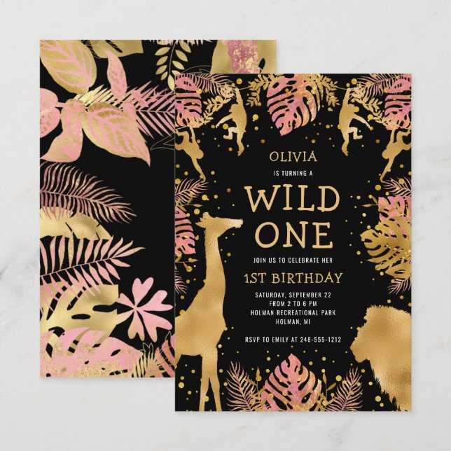 Girls 1st Birthday Pink Black Safari Invitation (Front/Back)