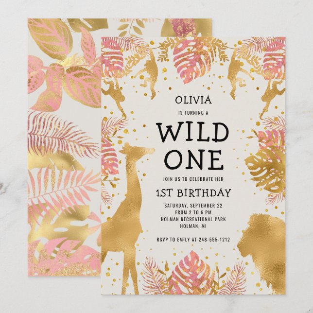 Girls 1st Birthday Pink Ecru Safari Invitation (Front/Back)
