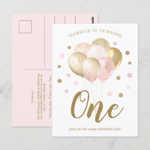 Girls 1st Birthday Pink Gold Glitter Invitation Postcard