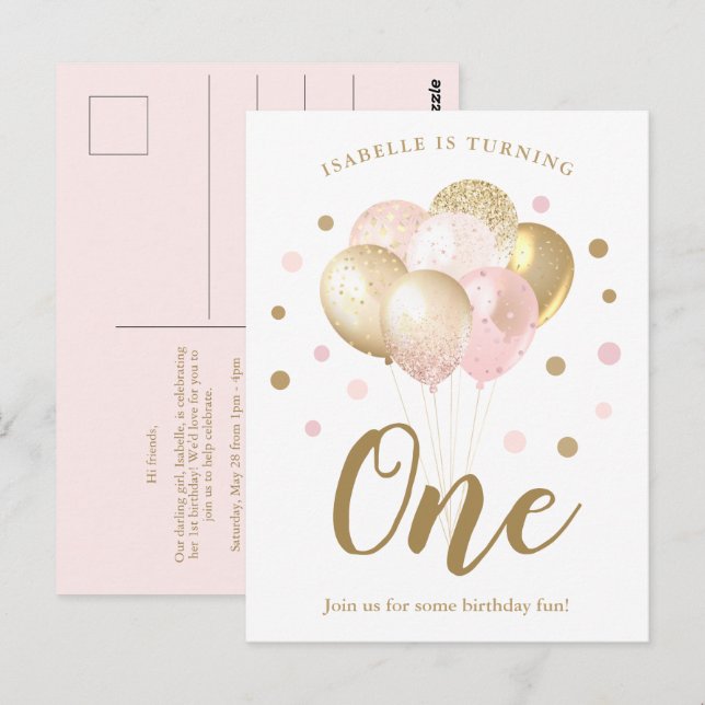 Girls 1st Birthday Pink Gold Glitter Invitation  Postcard (Front/Back)