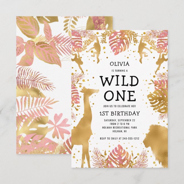 Girls 1st Birthday Pink Gold Safari Invitation (Front/Back)