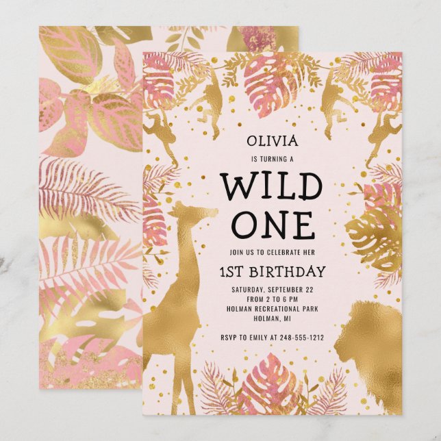 Girls 1st Birthday Pink Jungle Safari Invitation (Front/Back)