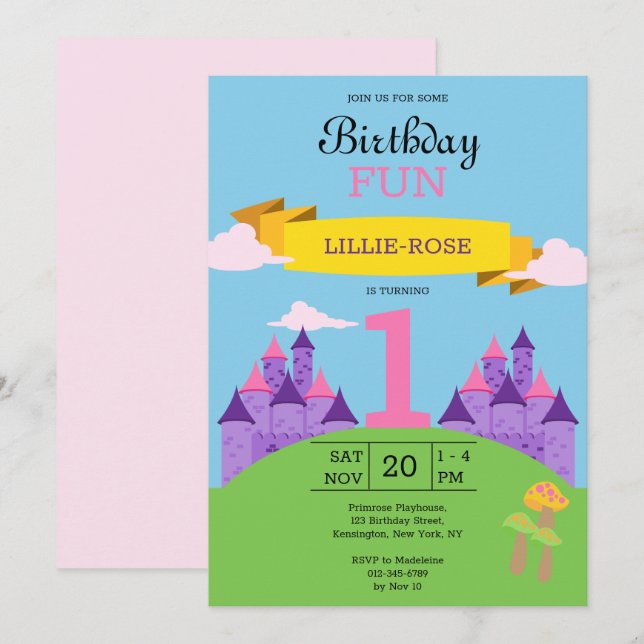 Girls 1st Birthday Pink Party Invitation (Front/Back)