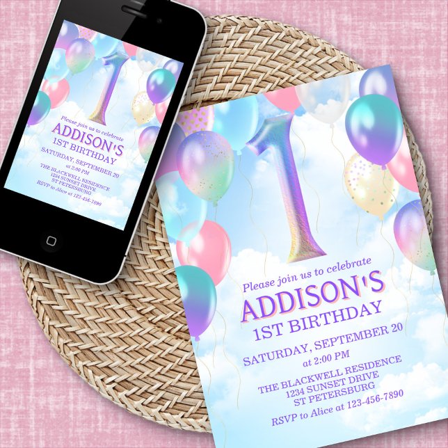 Girls 1st Birthday Rainbow Balloons Invitation (Creator Uploaded)