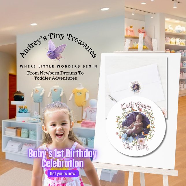 Girl's 1st Birthday Spring Butterfly  Classic Round Sticker (Creator Uploaded)