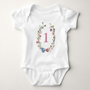 Girl's 1st Birthday Wild Flowers Wreath Baby Bodysuit
