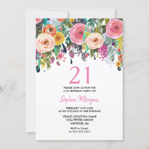 Girls 21st Birthday Party Invite Pink Flowers