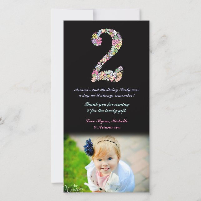 Girls 2nd Birthday Floral Thank You Photo Card (Front)