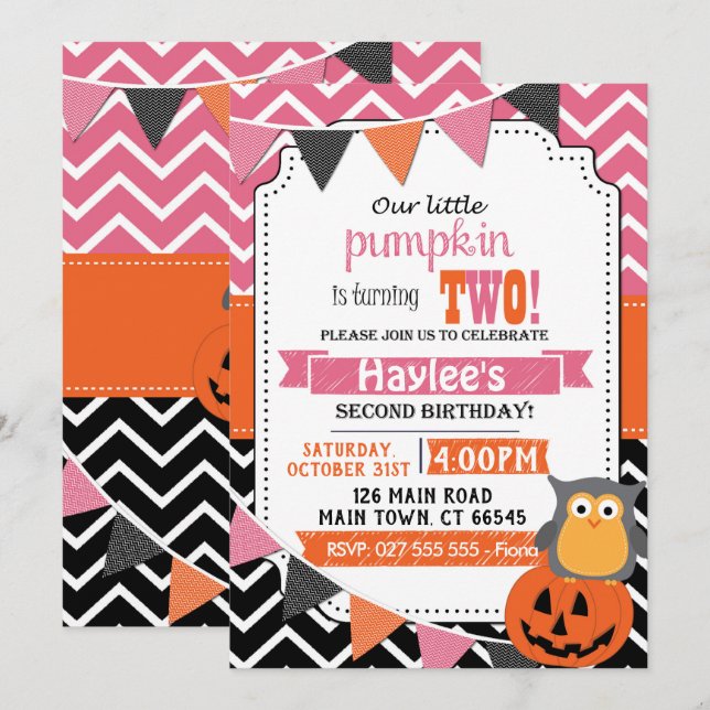 Girls 2nd Birthday Halloween Birthday Invite (Front/Back)