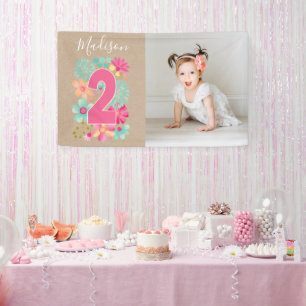 Girls 2nd Birthday Party Number Photo Party Banner