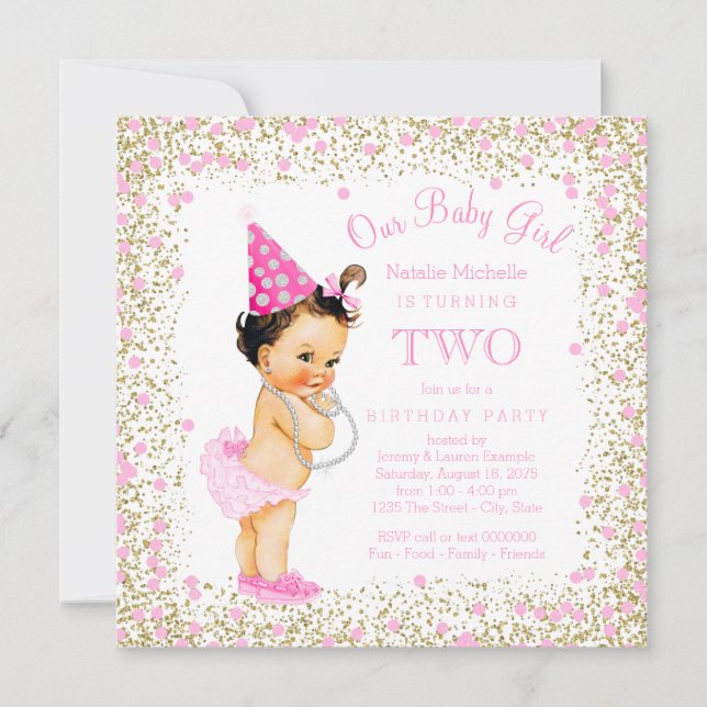 Girls 2nd Birthday Party Pink Gold Glitter Invitation (Front)