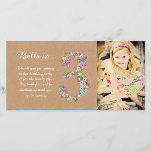 Girls 3rd Birthday Floral Thank You Photo Card