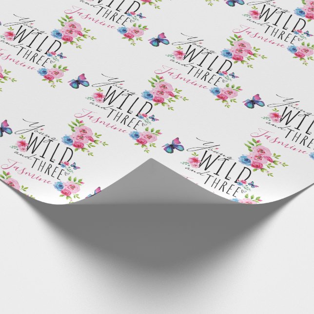 Girl's 3rd Birthday Flowers Name Pretty Butterfly Wrapping Paper (Corner)