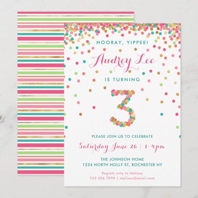 Girls 3rd Birthday Invitation  birthday party (Front/Back)