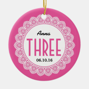 Girl's 3rd Birthday Memento Pink with Lace B03 Ceramic Tree Decoration