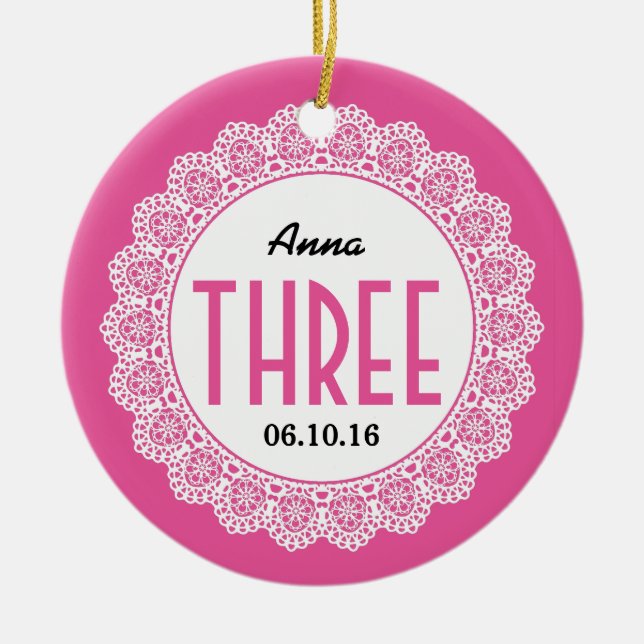 Girl's 3rd Birthday Memento Pink with Lace B03 Ceramic Tree Decoration (Front)