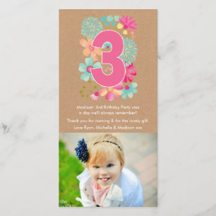 Girls 3RD Birthday Number 3 Thank You Photo Card