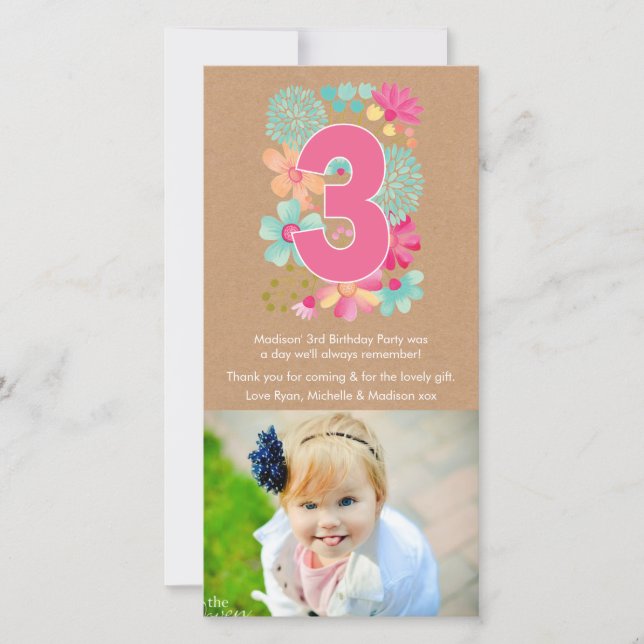 Girls 3RD Birthday Number 3 Thank You Photo Card (Front)