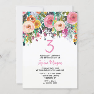 Girls 3rd Birthday Party Invite Pink Flower Peach