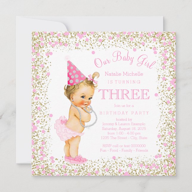 Girls 3rd Birthday Party Pink Gold Glitter Invitation (Front)