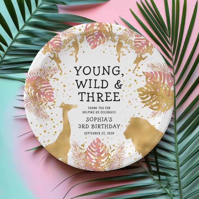 Girls 3rd Birthday Party Pink Gold Safari Paper Plate (Creator Uploaded)