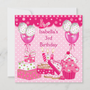 Girls 3rd Birthday Party Pink Spot Cake 3 Invitation