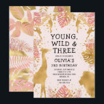 Girls 3rd Birthday Pastel Pink Gold Safari Invitation<br><div class="desc">This "young, wild and three" jungle safari themed girl's third birthday party invitation features gold faux foil animals (giraffe, lion and monkeys), gold and pink jungle foliage, and a sprinkling of gold confetti on a pastel pink background. Add the name of the birthday girl and party details in black text....</div>