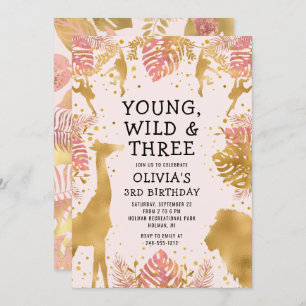 Girls 3rd Birthday Pastel Pink Gold Safari Invitation