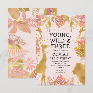 Girls 3rd Birthday Pastel Pink Gold Safari Invitation