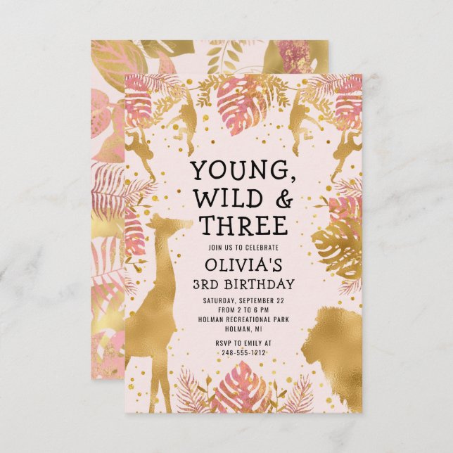 Girls 3rd Birthday Pastel Pink Gold Safari Invitation (Front/Back)
