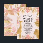 Girls 3rd Birthday Pastel Pink Gold Safari Invitation<br><div class="desc">This "young, wild and three" jungle safari themed girl's third birthday party invitation features gold faux foil animals (giraffe, lion and monkeys), gold and pink jungle foliage, and a sprinkling of gold confetti on a pastel pink background. Add the name of the birthday girl and party details in black text....</div>
