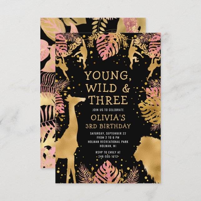 Girls 3rd Birthday Pink Gold Black Safari Invitation (Front/Back)