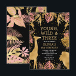 Girls 3rd Birthday Pink Gold Black Safari Invitation<br><div class="desc">This "young, wild and three" jungle safari themed girl's third birthday party invitation features gold faux foil animals (giraffe, lion and monkeys), gold and pink jungle foliage, and a sprinkling of gold confetti on a black background. Add the name of the birthday girl and party details in gold and white...</div>
