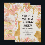 Girls 3rd Birthday Pink Gold Ecru Safari Invitation<br><div class="desc">This "young, wild and three" jungle safari themed girl's third birthday party invitation features gold faux foil animals (giraffe, lion and monkeys), gold and pink jungle foliage, and a sprinkling of gold confetti on an ecru background. Add the name of the birthday girl and party details in black text. A...</div>