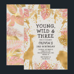 Girls 3rd Birthday Pink Gold Ecru Safari Invitation<br><div class="desc">This "young, wild and three" jungle safari themed girl's third birthday party invitation features gold faux foil animals (giraffe, lion and monkeys), gold and pink jungle foliage, and a sprinkling of gold confetti on an ecru background. Add the name of the birthday girl and party details in black text. A...</div>