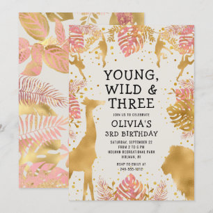 Girls 3rd Birthday Pink Gold Ecru Safari Invitation