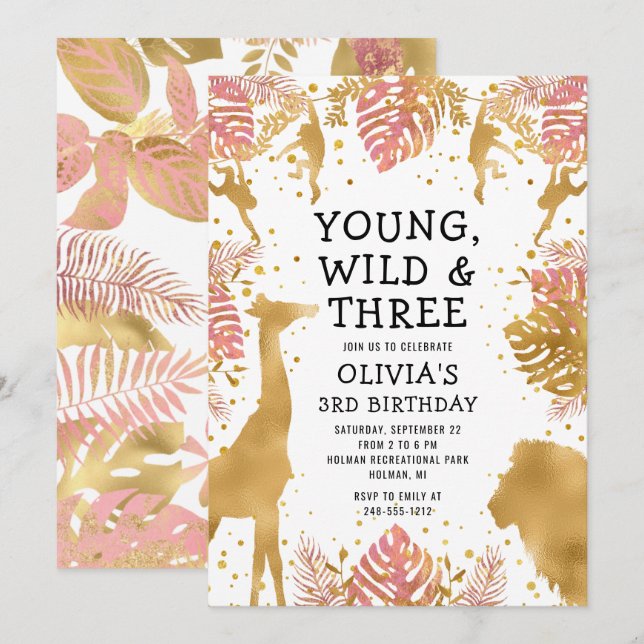 Girls 3rd Birthday Pink Gold Safari Invitation (Front/Back)