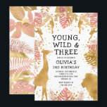 Girls 3rd Birthday Pink Gold Safari Invitation<br><div class="desc">This "young, wild and three" jungle safari themed girl's third birthday party invitation features gold faux foil animals (giraffe, lion and monkeys), gold and pink jungle foliage, and a sprinkling of gold confetti on a white background. Add the name of the birthday girl and party details in black text. A...</div>