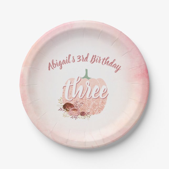 Girls 3rd Birthday Rose Gold Glitter Pumpkin Paper Plate (Front)