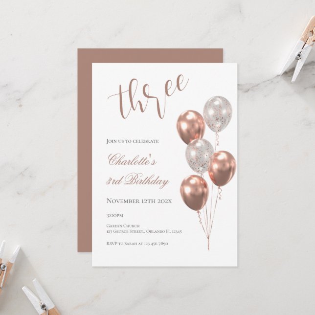 Girl's 3rd birthday, with beige balloons invitation (Front/Back In Situ)