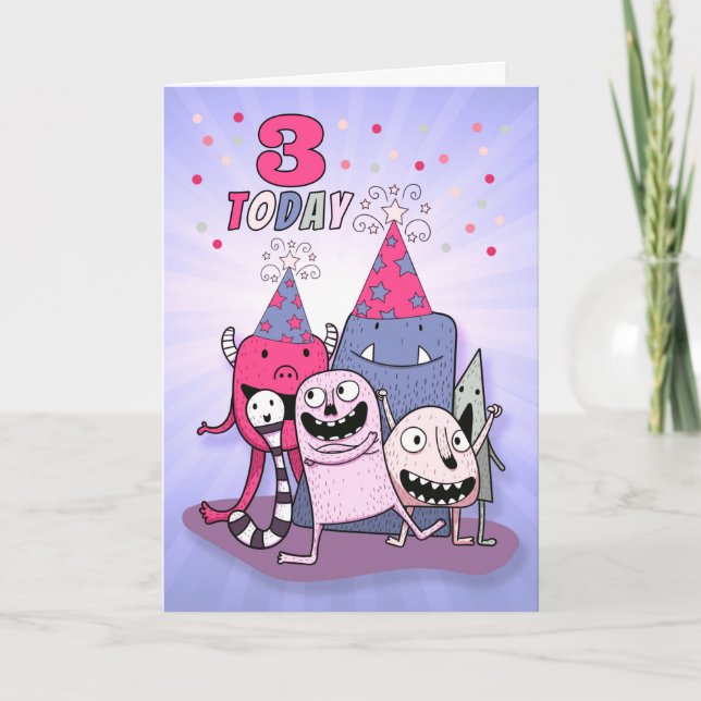 Girls 3rd Pink and Purple Monster Birthday Card (Front)