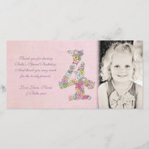 Girls 4th Birthday Floral Thank You Photo Card